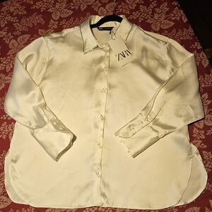 NWT Womens ZARA Dressy Blouse Button Down Shirt Sz L White Rhinestones.   #24